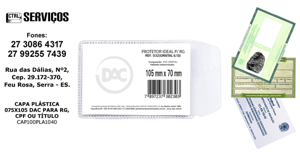 CAPA PLÁSTICA 075X105 DAC PARA CPF, RG E TÍTULO DE ELEITOR