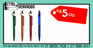 Caneta esferográfica e touch com suporte para celular