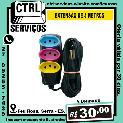 EXTENSÃO ELÉTRICA DE 5 METROS COM 3 TOMADAS