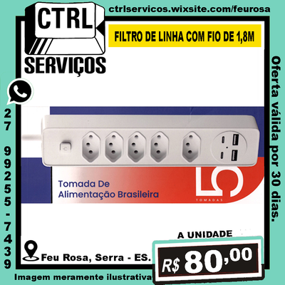 Filtro de linha com 5 tomadas, 2 portas USB e 2 portas Tipo-C