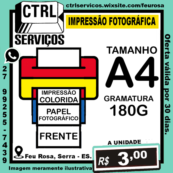 IMPRESSÃO COLORIDA PAPEL FOTO 180G A4