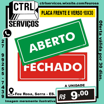 PLACA SINALIZADORA ABERTO x FECHADO 10x30
